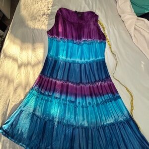 Women’s Tie Dye Sleeveless Dress Purple Blue Teal Flowy Boho Size M